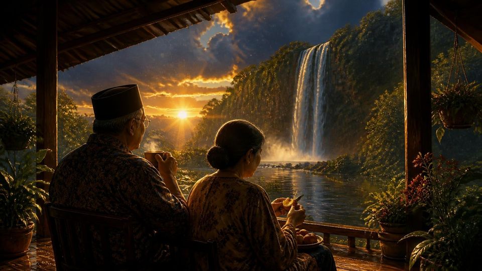 An older couple seen from behind on a wooden terrace after the rain, he holding a cup of coffee and she peeling an apple, watching a tall waterfall glow in the amber evening light